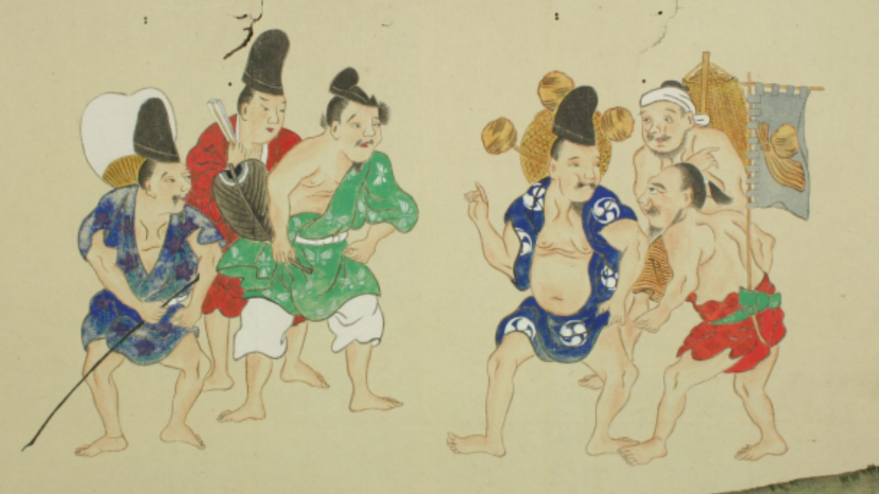 Imagem de pergaminho do Período Edo com batalha de pum
