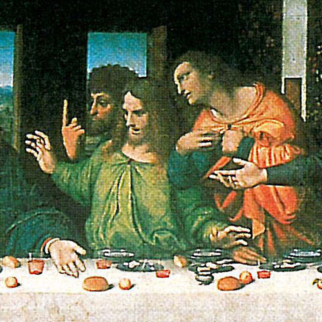 Recorte de 'A Última Ceia' de da Vinci, onde é possível observar Tomé com o dedo apontado para cima