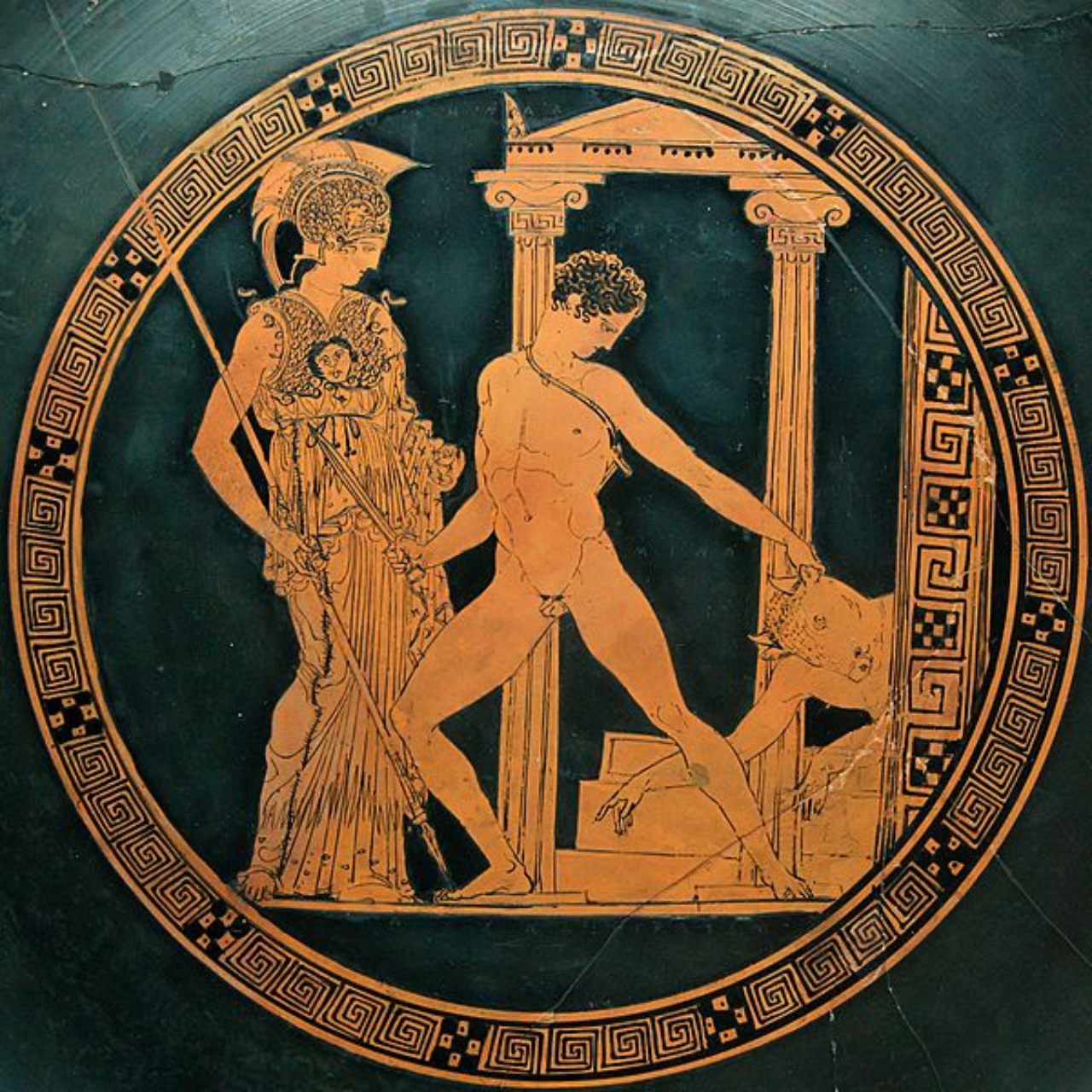 Tondo representando Teseu mostrando sua vitória contra o Minotauro à deusa Atena