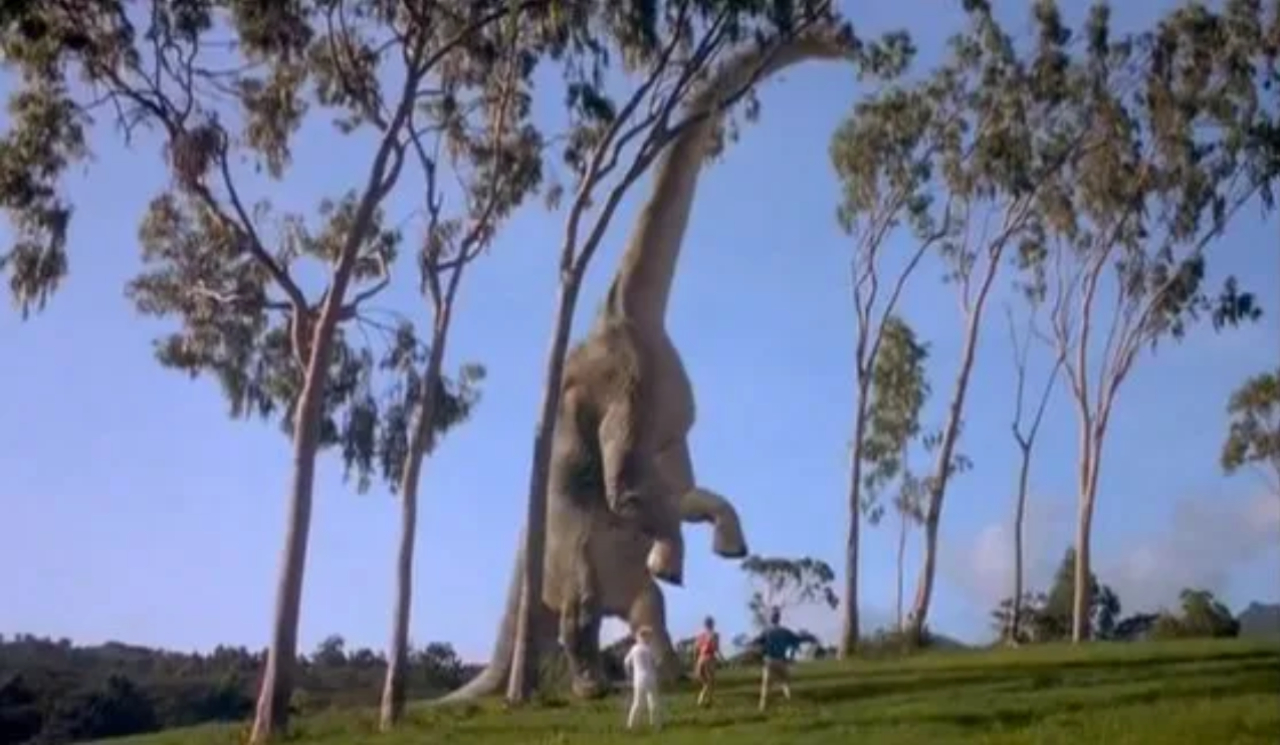 Cena do braquiossauro comendo em duas patas, em 'Jurassic Park' (1993)