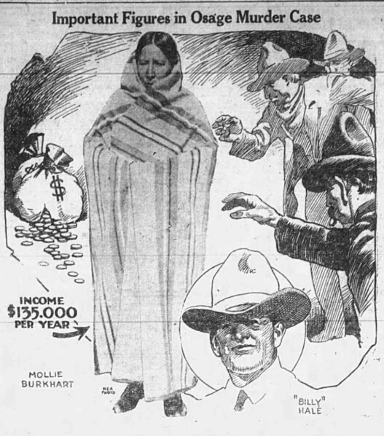 Antiga ilustração policial retratando Mollie Burkhart e William Hale