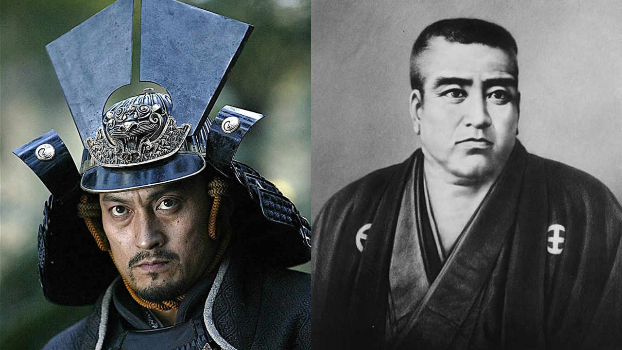 O personagem Katsumoto Moritsugu em 'O Último Samurai' e o verdadeiro Saigō Takamori