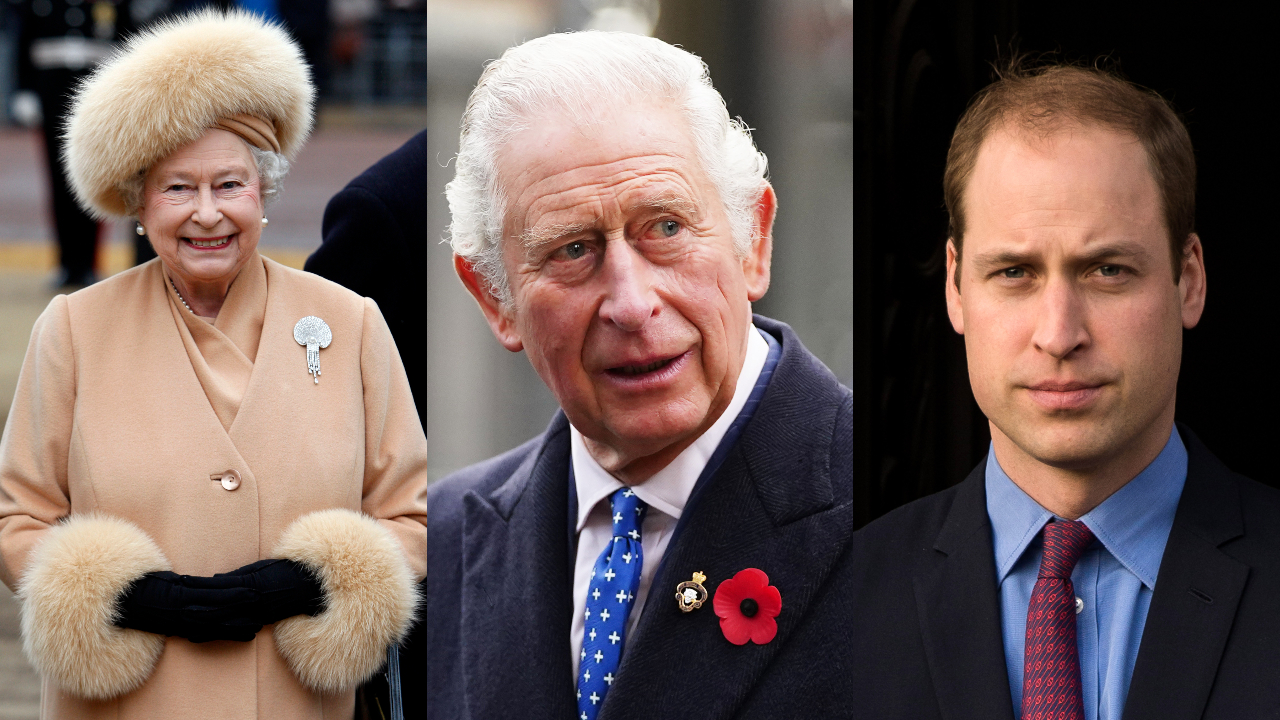 Rainha Elizabeth II, novo rei Charles, e príncipe William, em colagem, respectivamente
