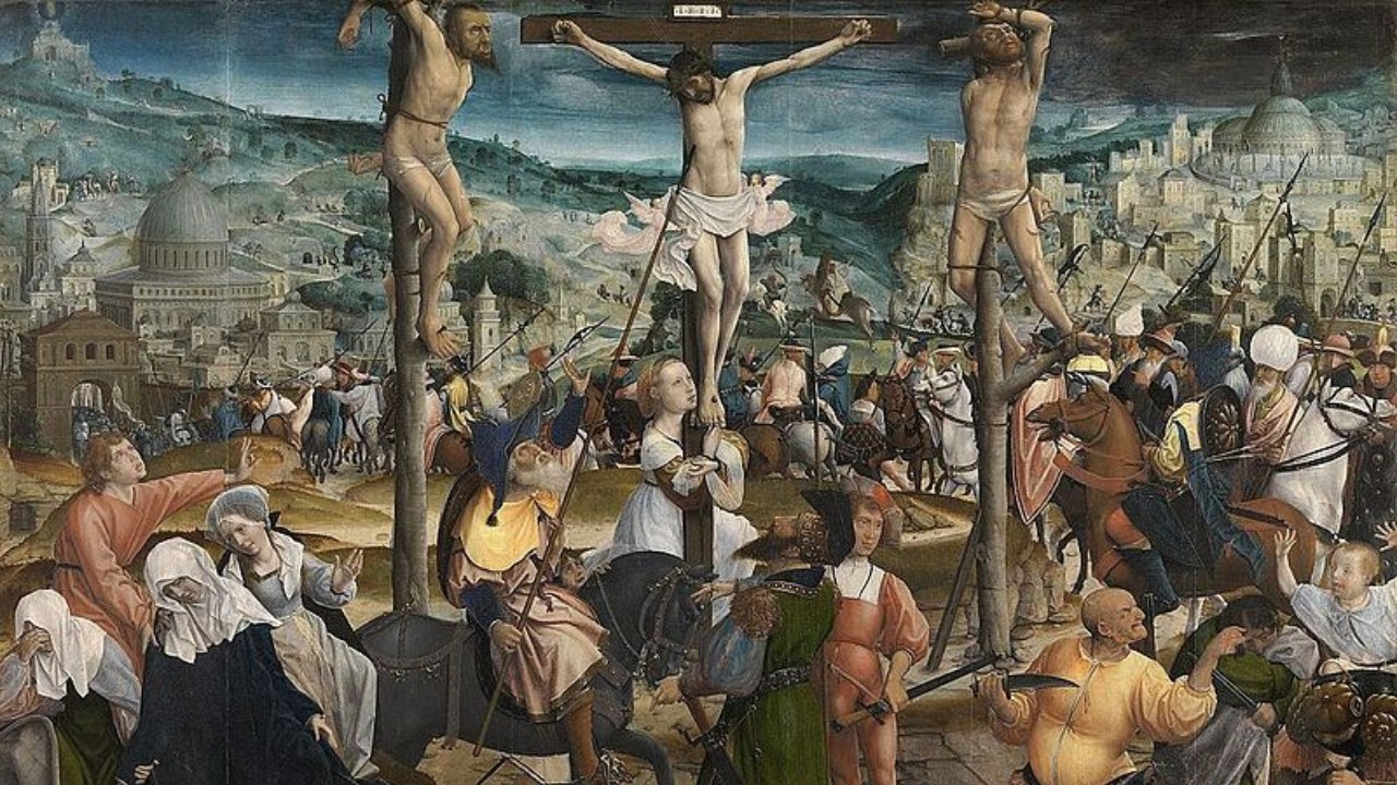 Pintura retratando Jesus crucificado