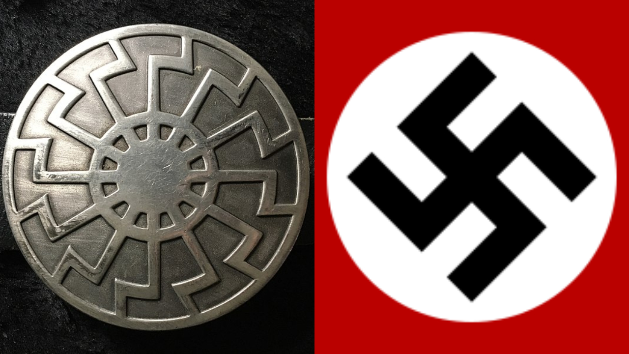 Símbolos do Sol Negro e da Suástica nazista, respectivamente