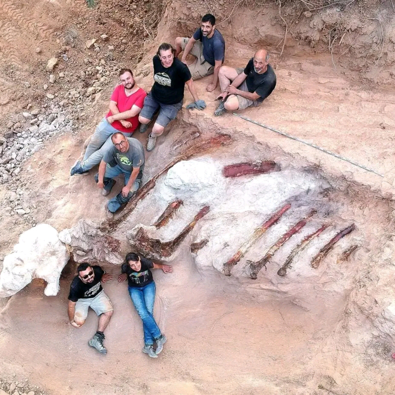 Foto aérea de pesquisadores próximos ao fóssil de dinossauro encontrado em Portugal