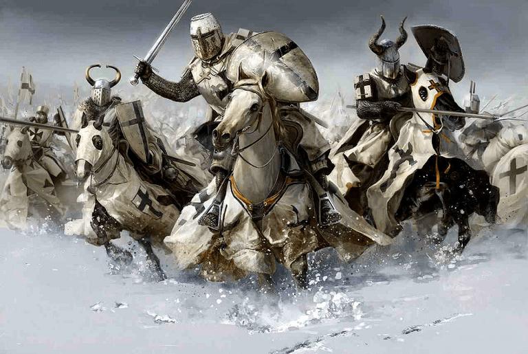 Cavaleiros teutônicos em ilustração para um jogo da Fireforge Games